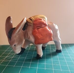 Hand-Painted Ceramic Donkey Figurine in Cream and Red
